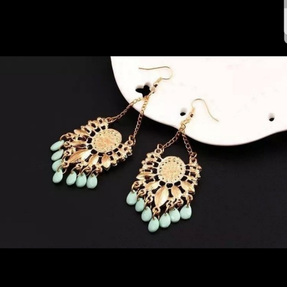 Gold & Turqoise Earrings NWOT - Picture 2 of 3